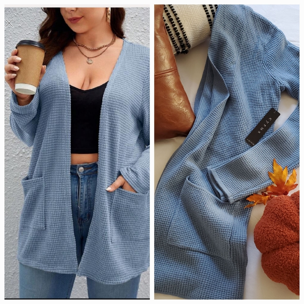 Devotion by Cyrus City Blue Thermal Waffle Knit Open Front Cardigan Sweater